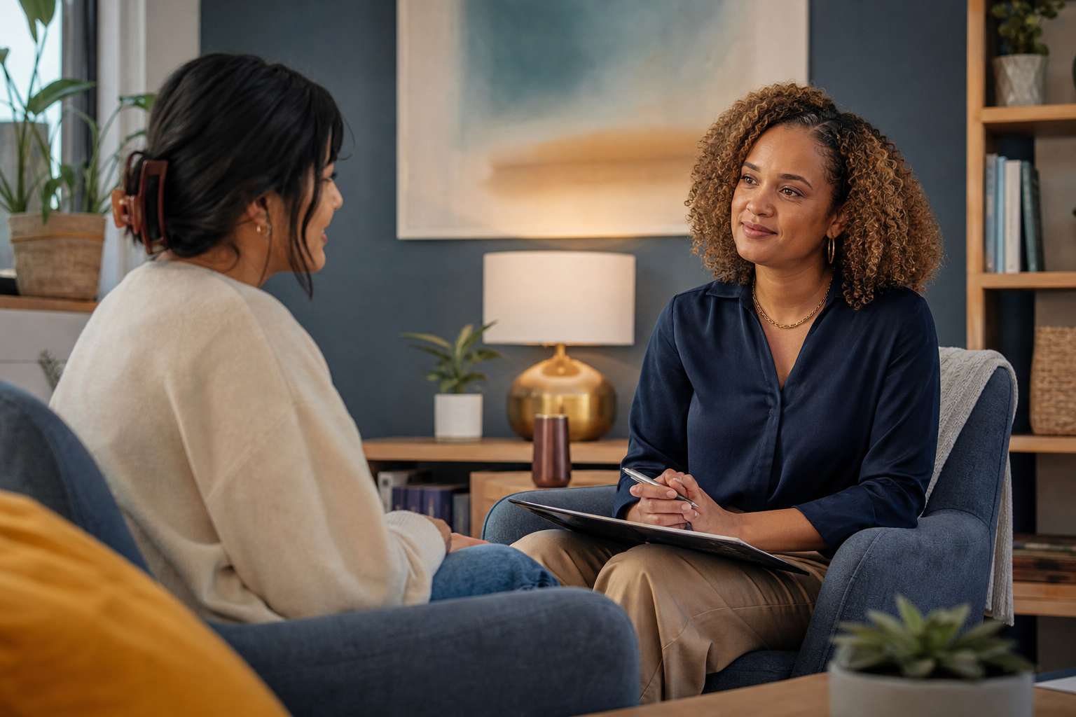 Student speaking with a campus counselor in a calm office