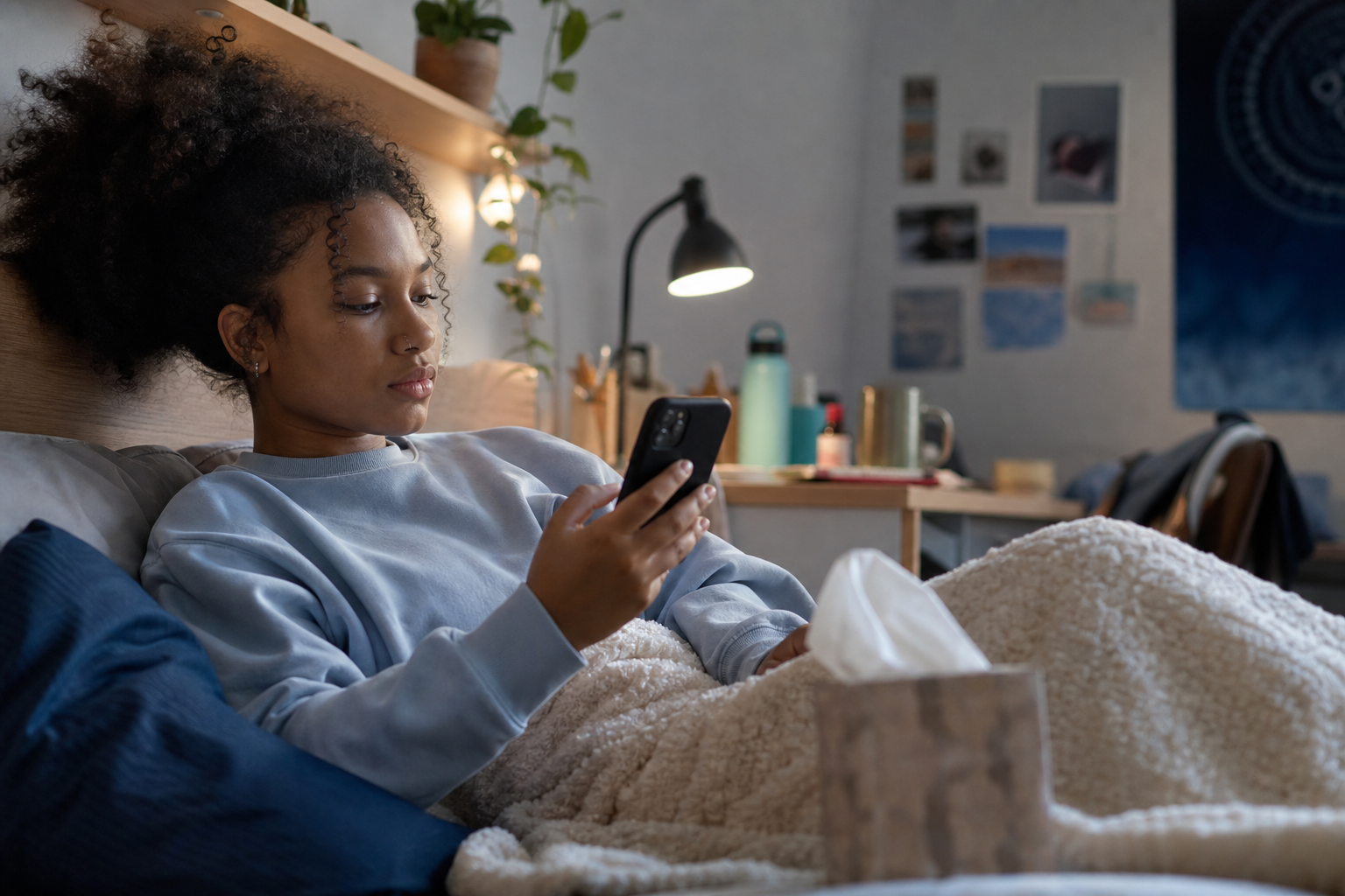 Sick college student checking the right campus care route from bed
