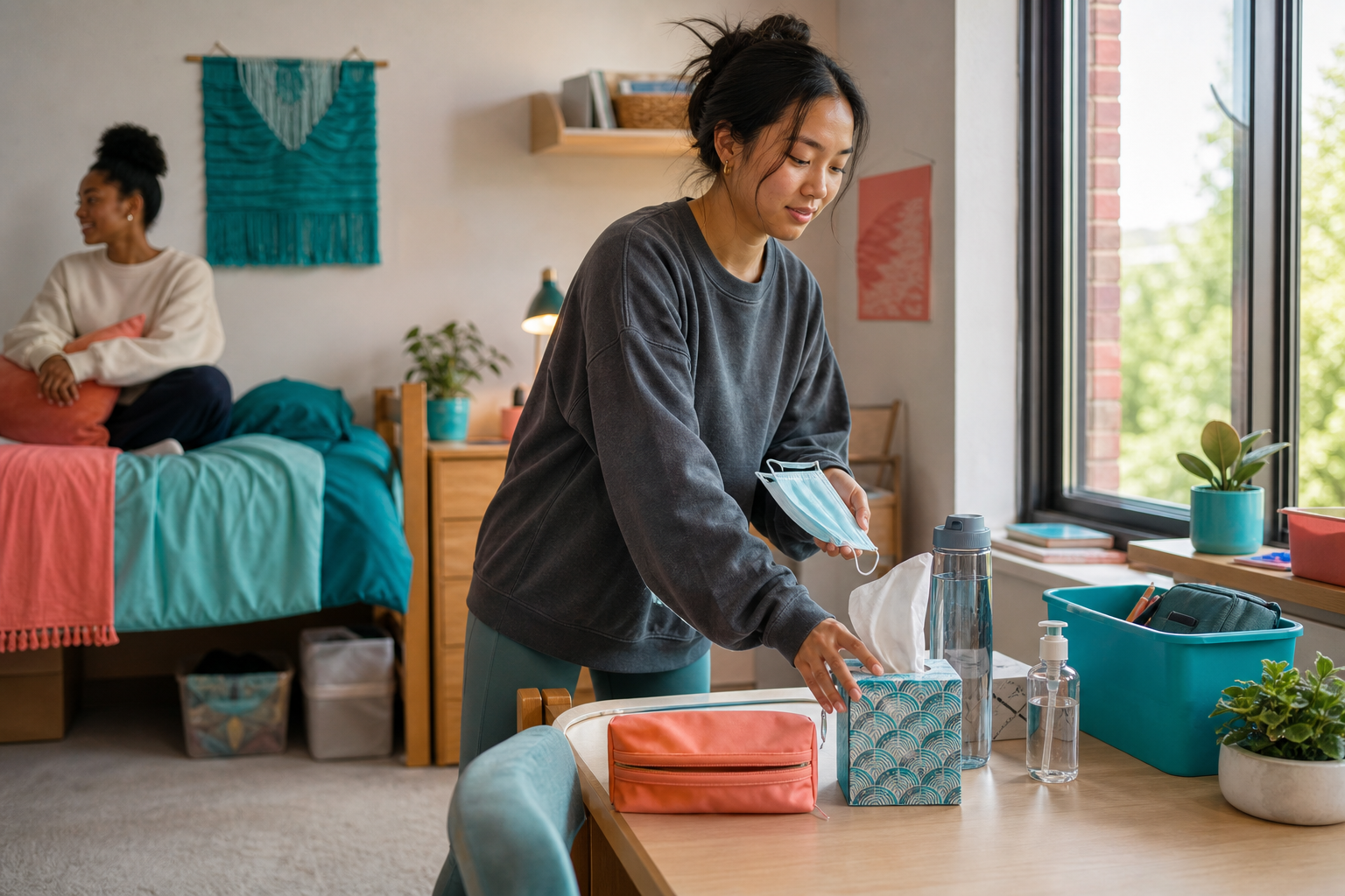 Student setting up simple illness precautions in a shared room