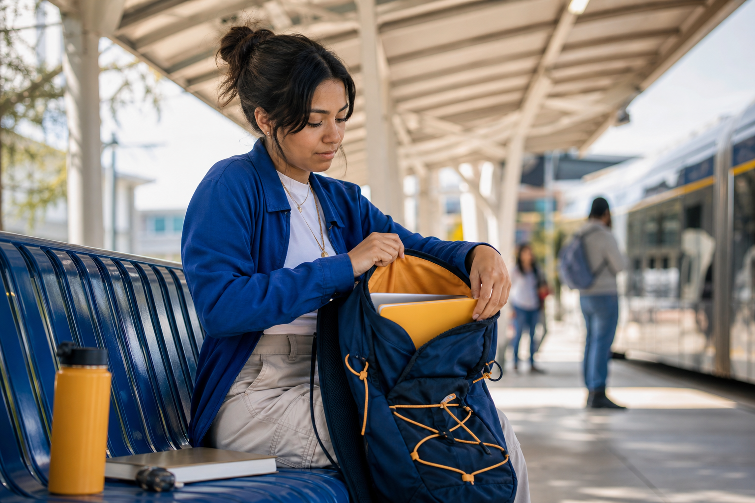 College commuter organizing a light bag for a full campus day