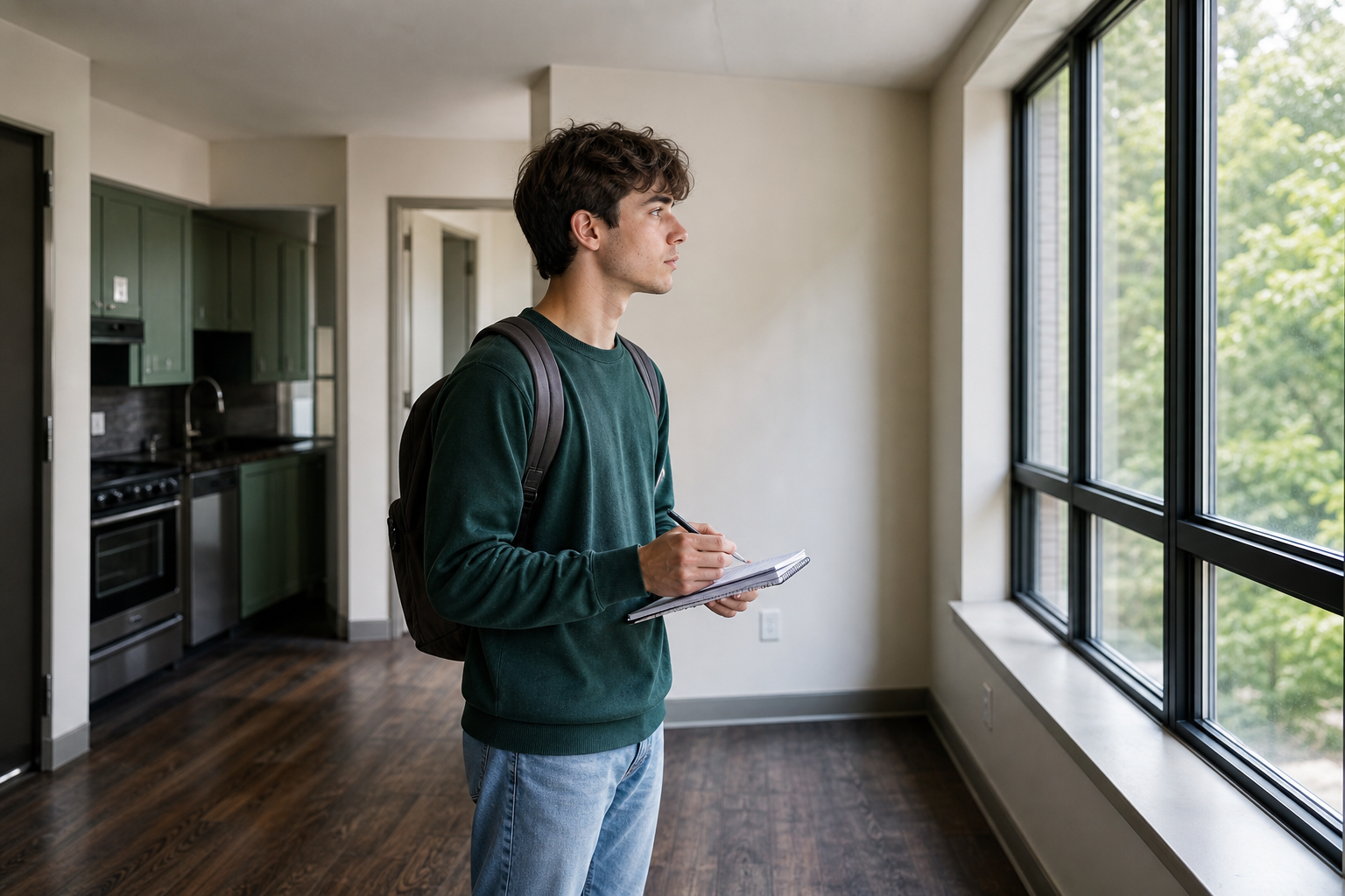 College student inspecting a rental apartment before paying