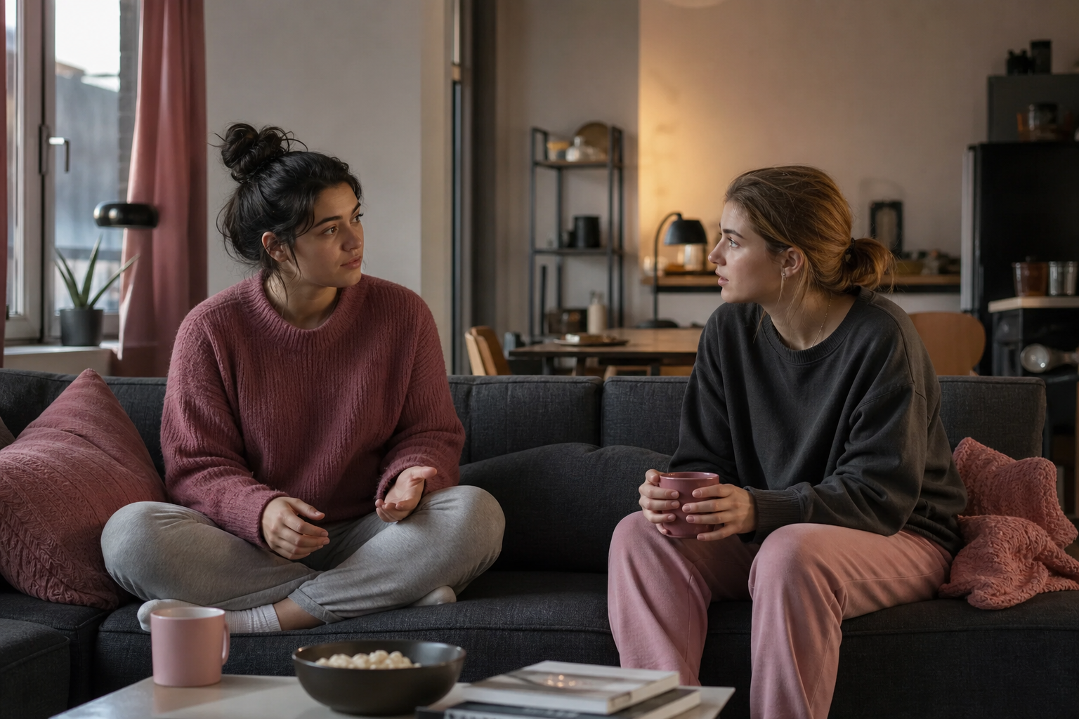 College roommates discussing a shared space problem calmly
