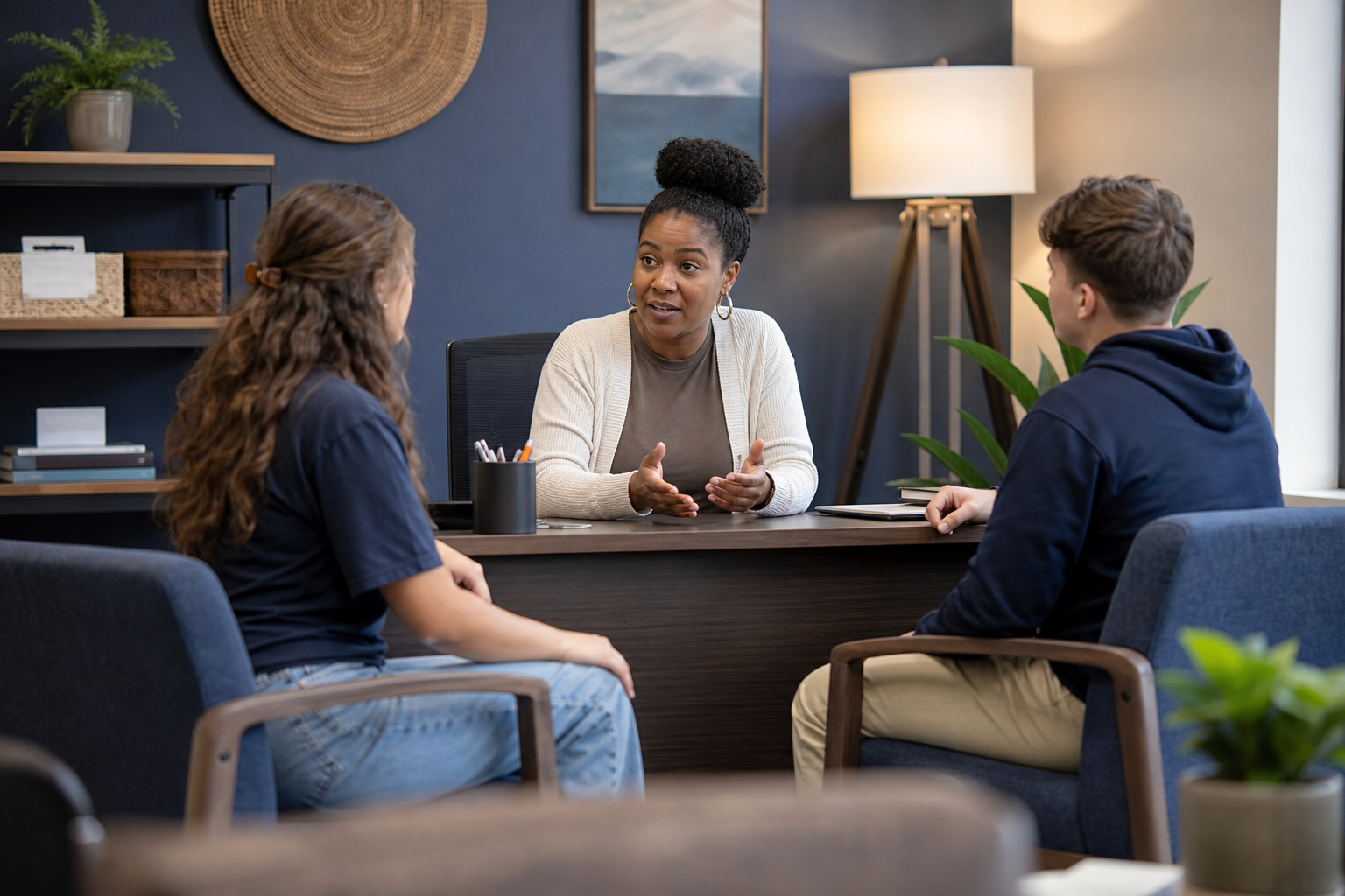 Two students meeting with a residence hall mediator