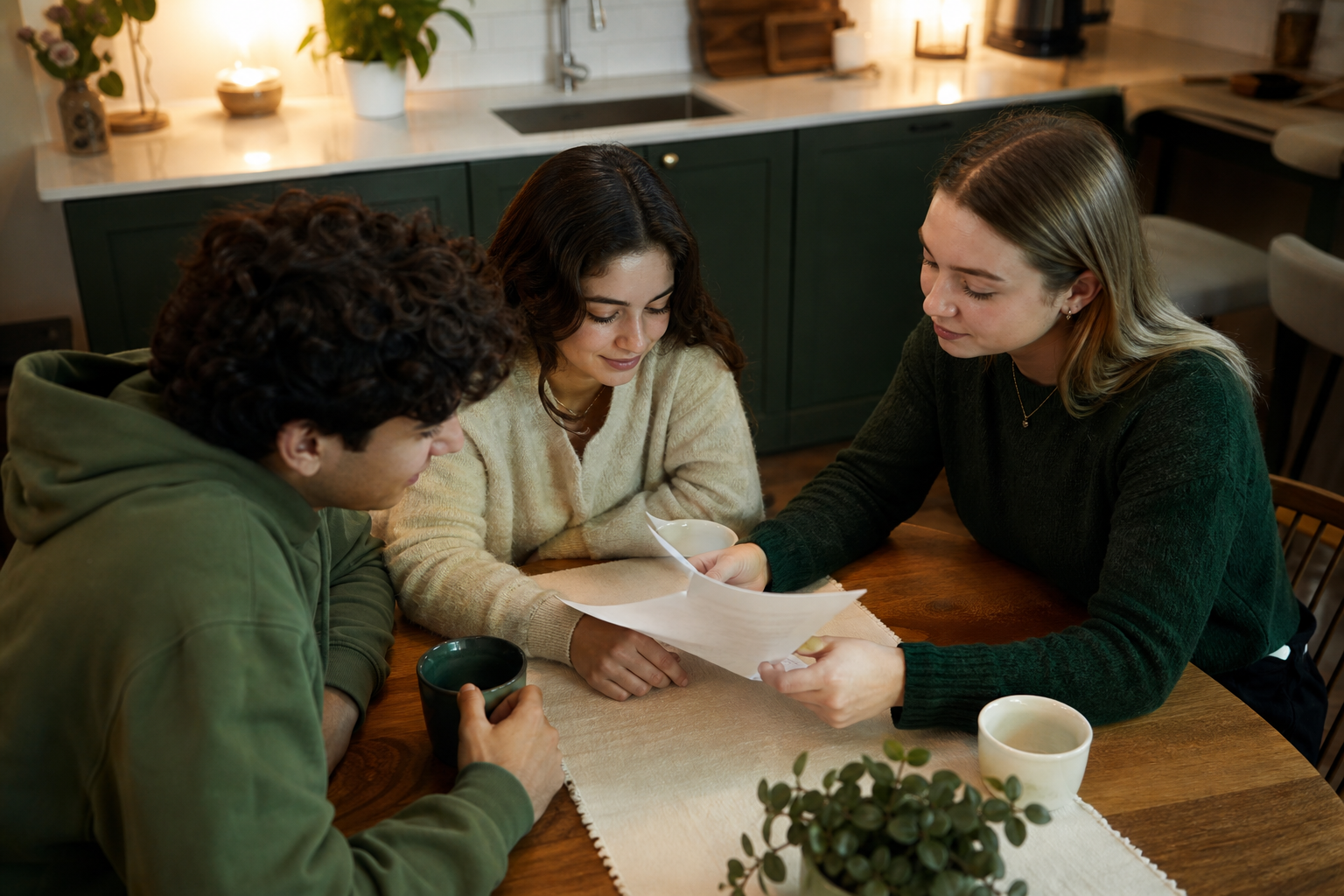 College students reviewing an apartment lease together at a kitchen table