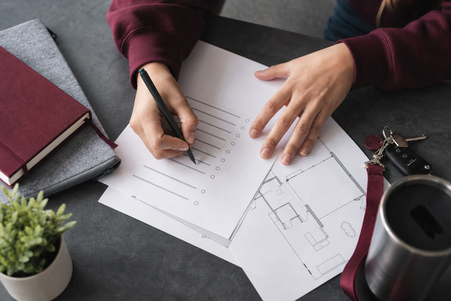 Student marking lease questions beside keys and a floor plan