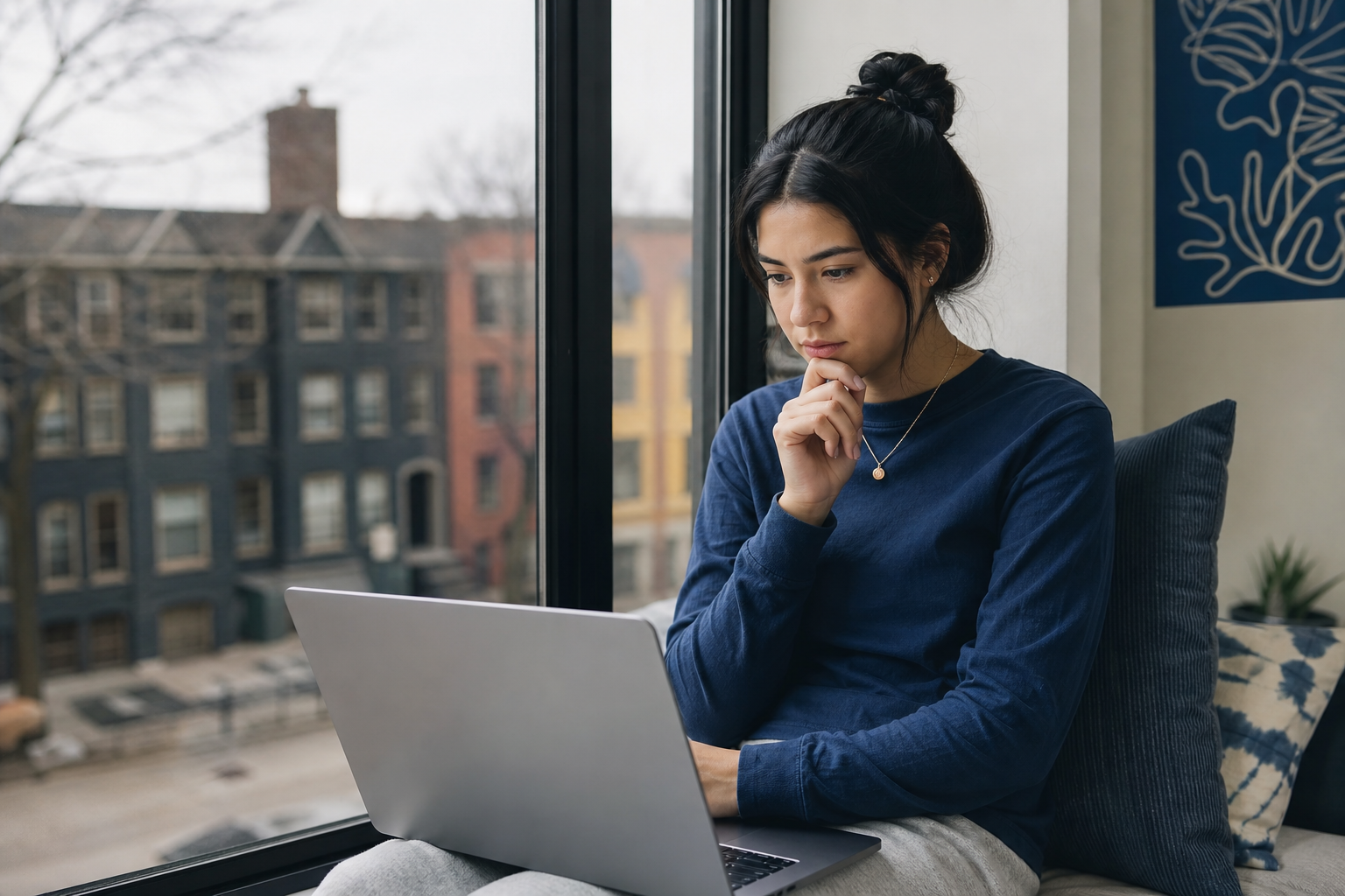 Student pausing before signing a rental agreement on a laptop