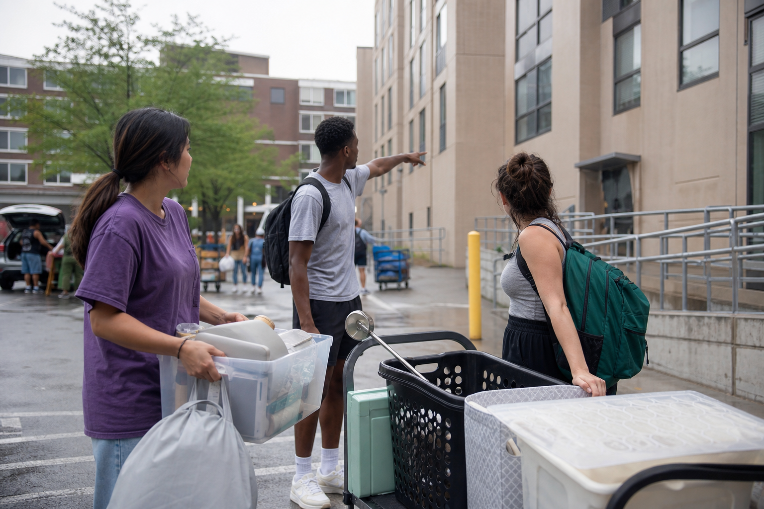 Roommates assigning personal and shared zones in a compact dorm room