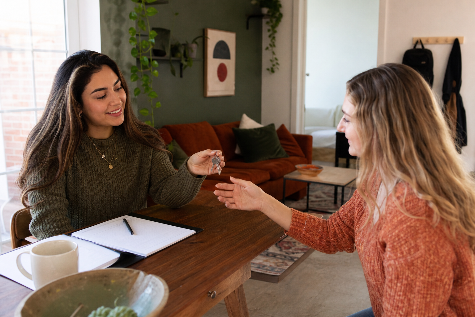 Student reviewing an approved apartment sublet handoff with a replacement tenant