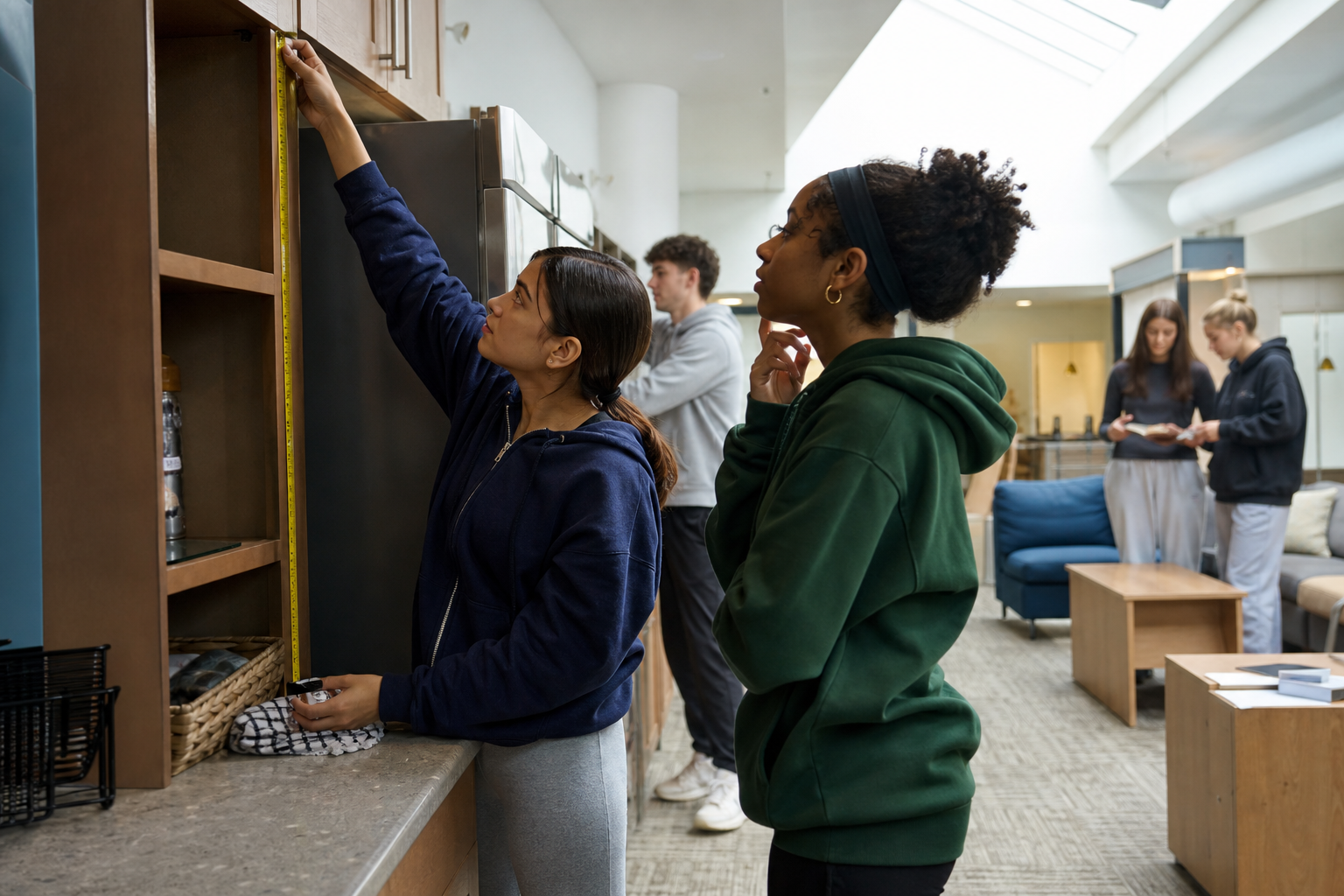 Student measuring fixed dorm furniture before arranging the room
