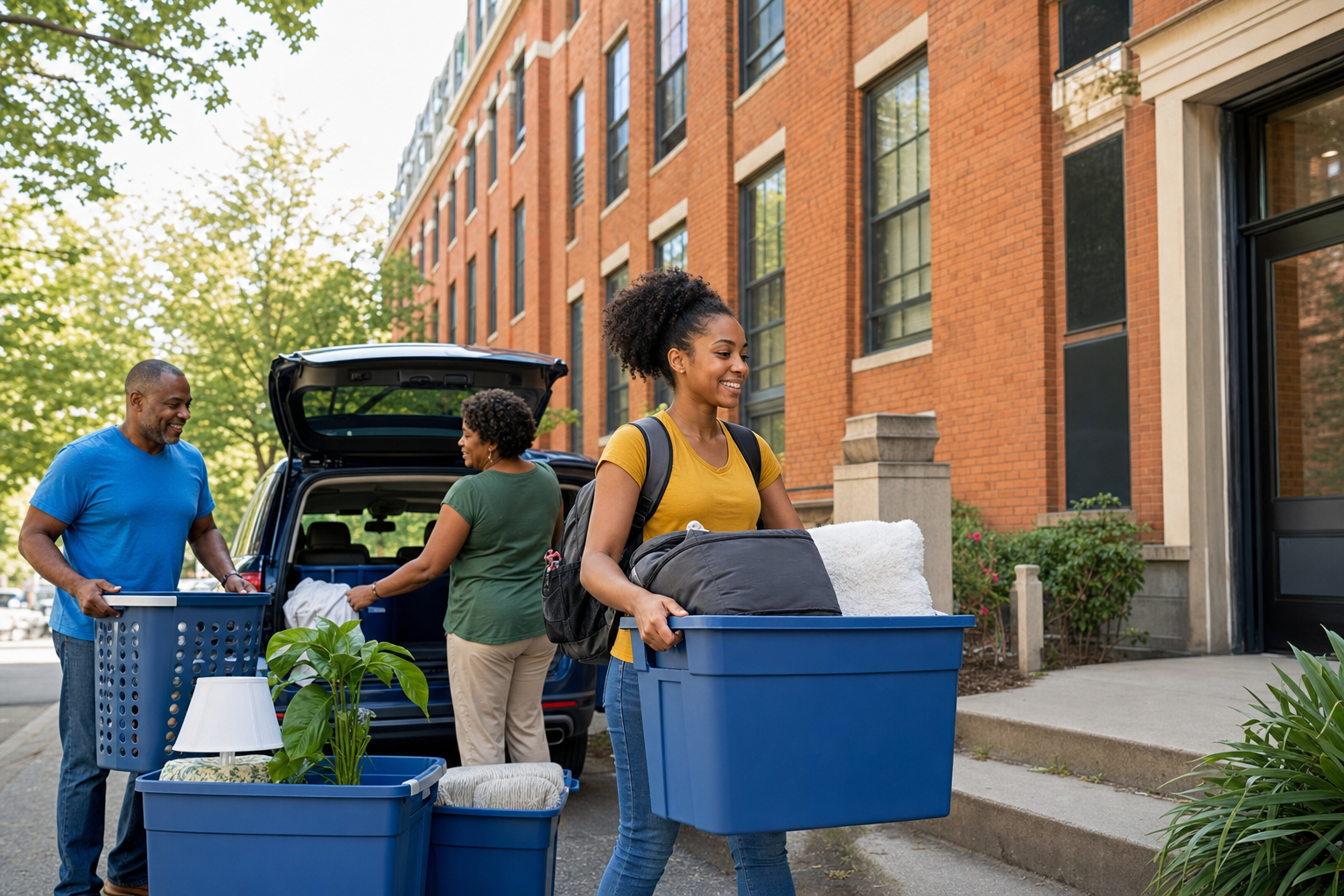 Family unloading labeled college move in bins efficiently