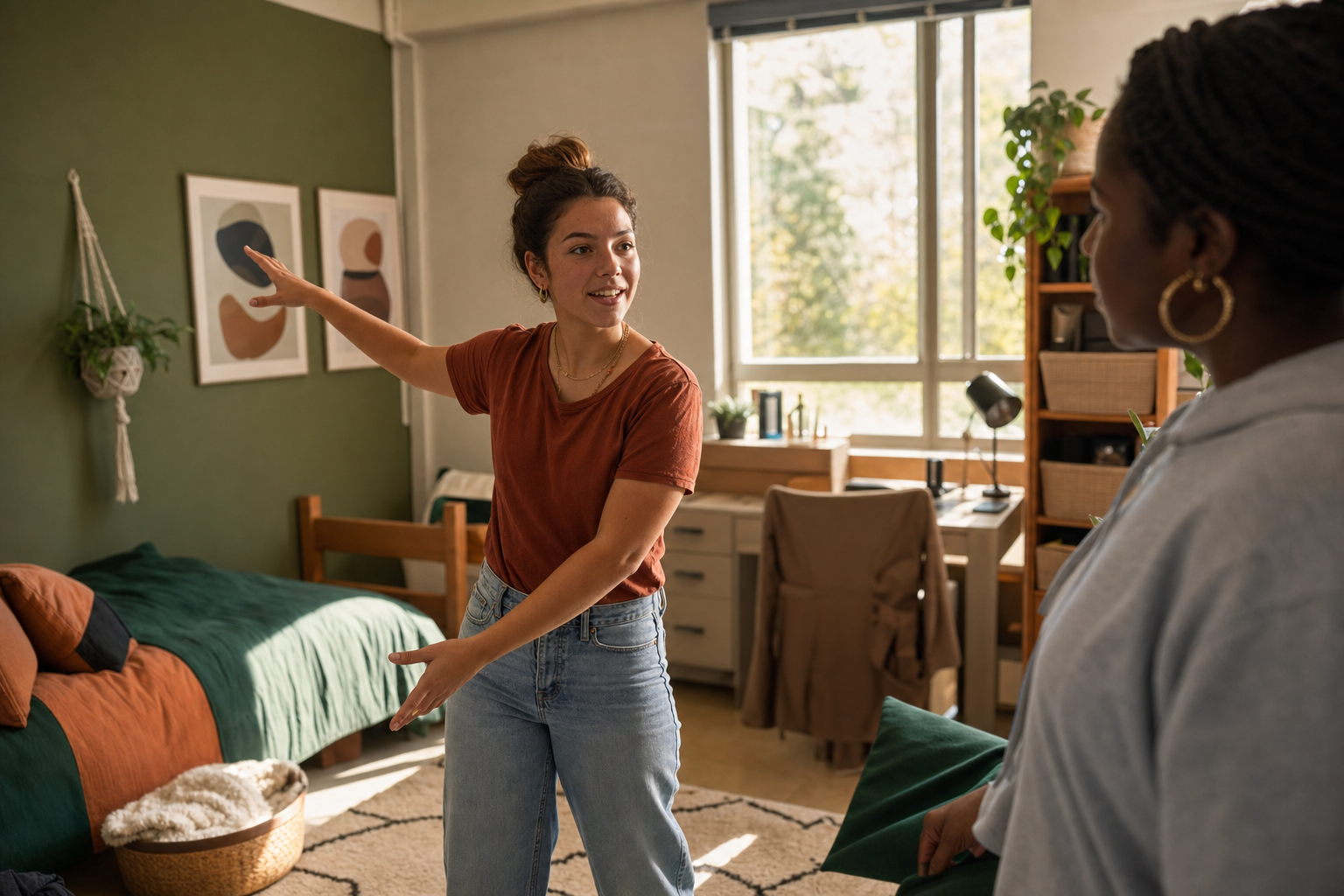New college student deciding the final layout of a dorm room