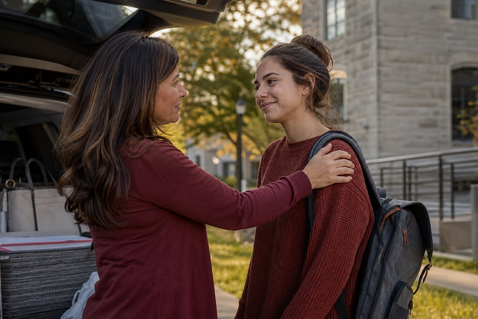 Parent and college student sharing a calm goodbye outside a residence hall