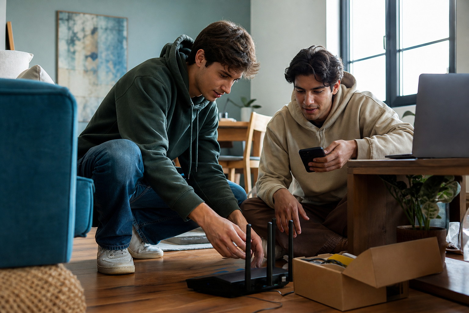 College roommates setting up apartment internet and checking coverage