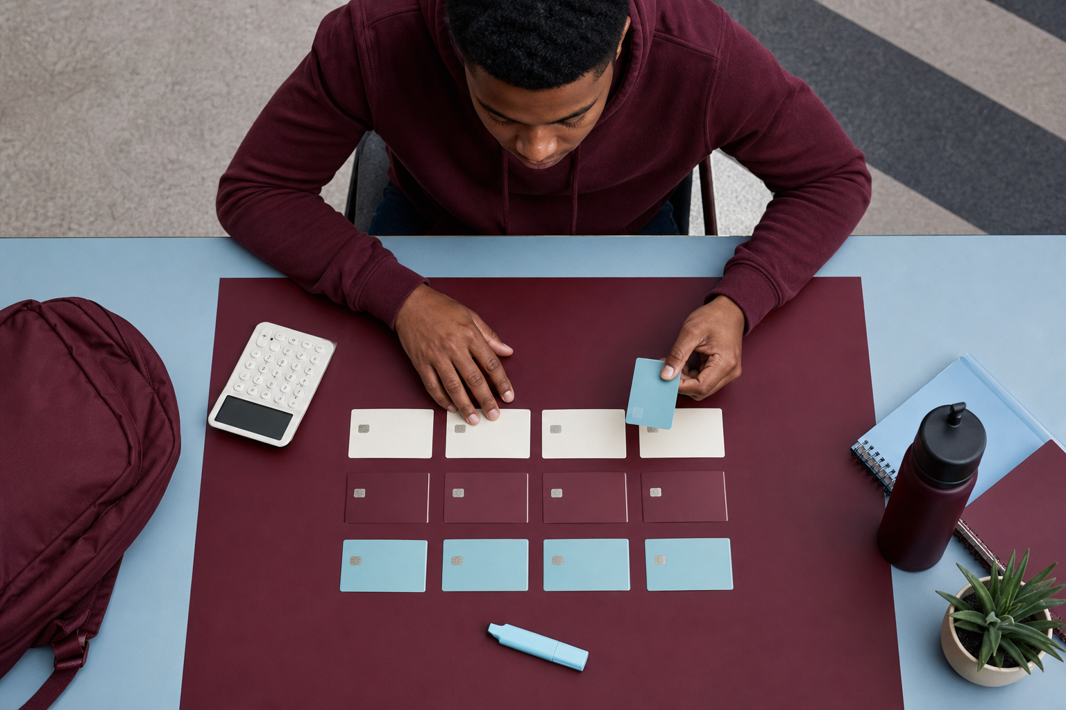 College student comparing credit card APR fees and grace period terms