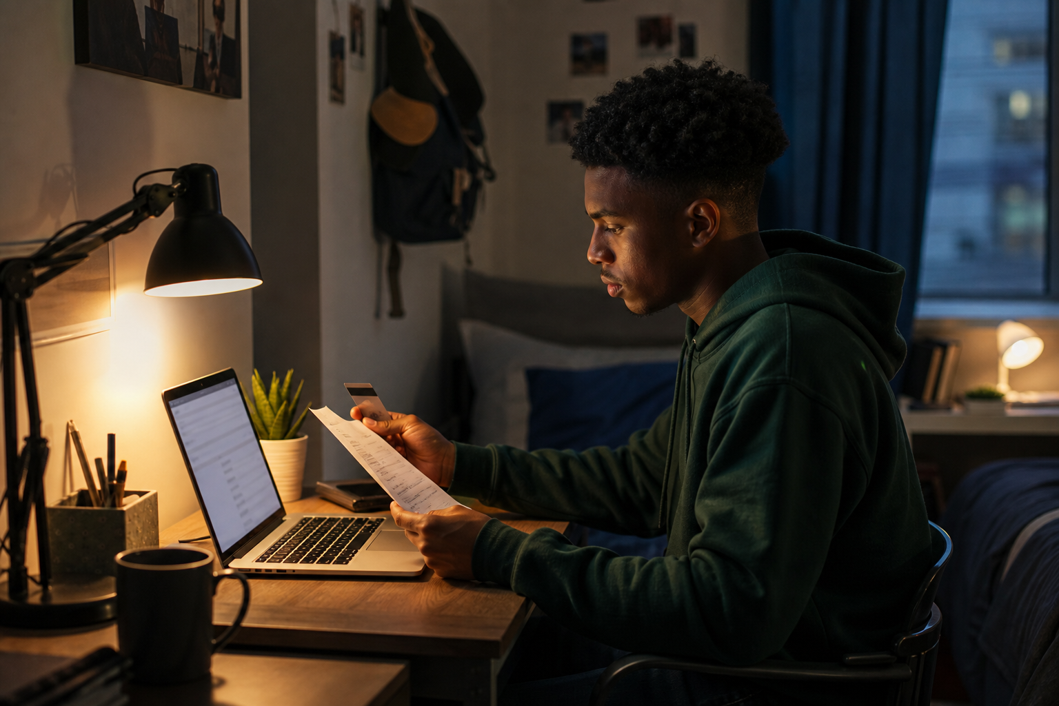 Student reviewing a first credit card statement before paying in full