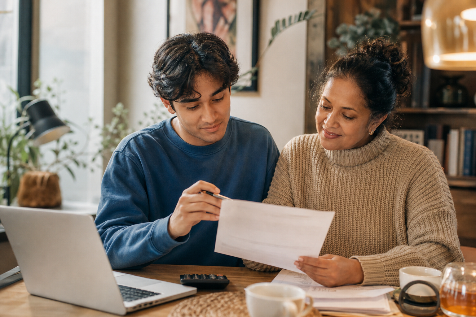 Parent and college student reviewing a tuition bill side by side