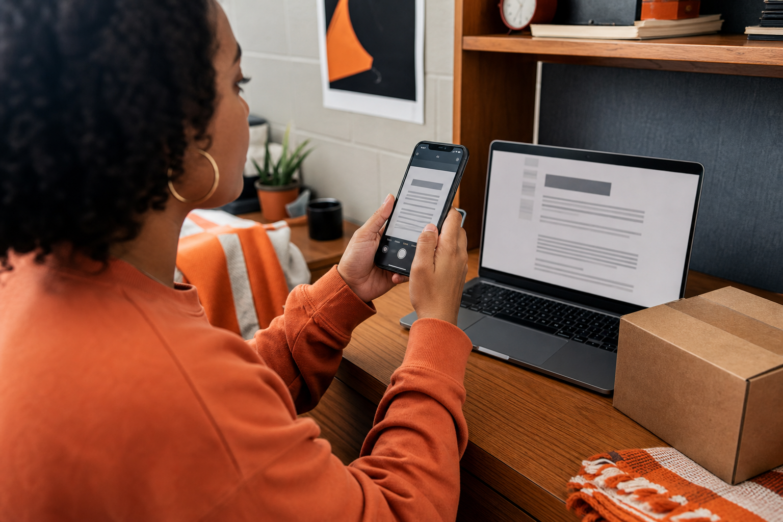 Student saving return and renewal terms before an online purchase