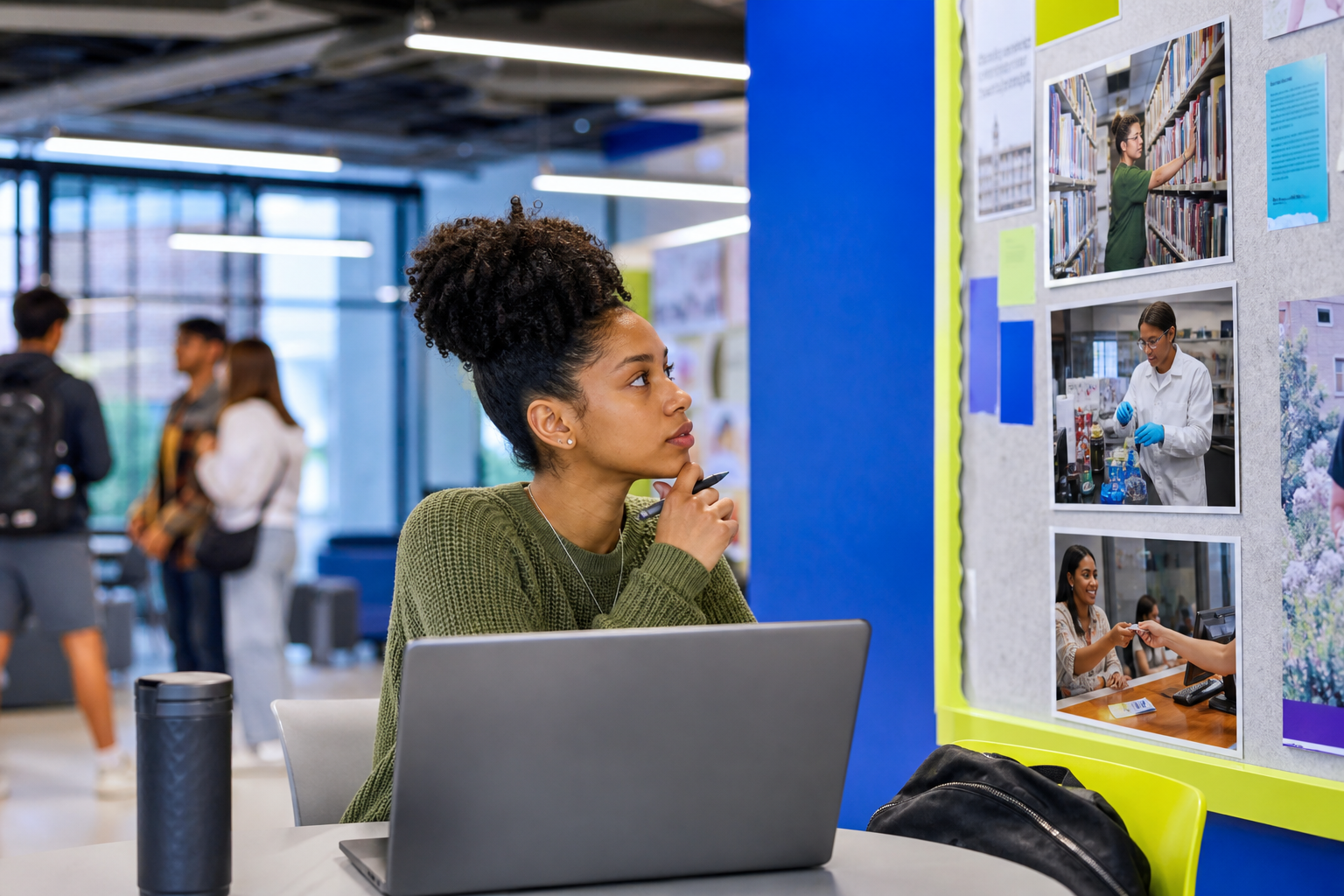 College student reviewing several campus work study job options