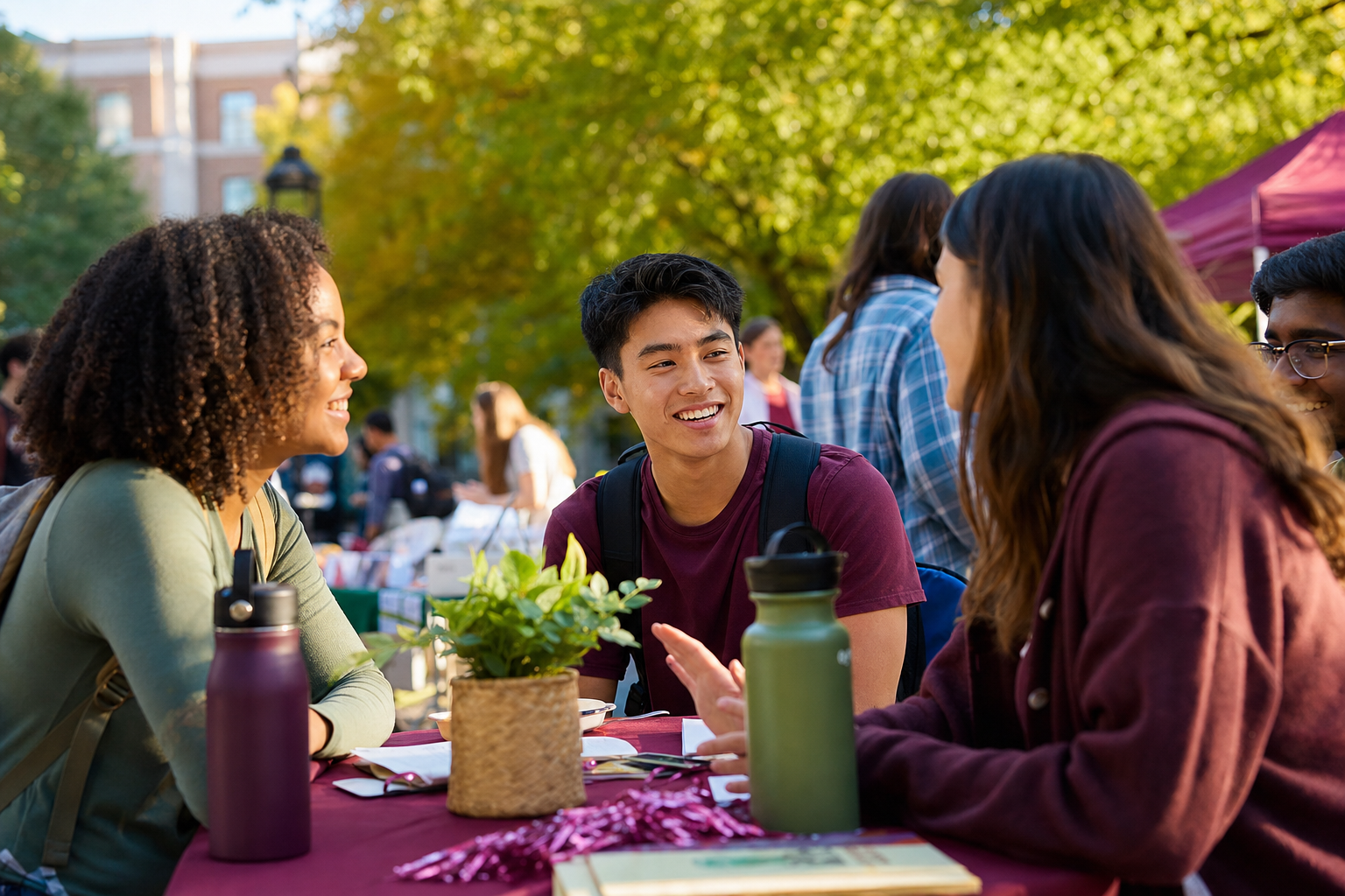 Transfer student meeting peers at a small campus event