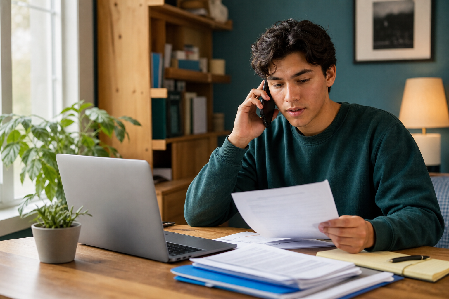 Admitted student calling a financial aid office with documents organized