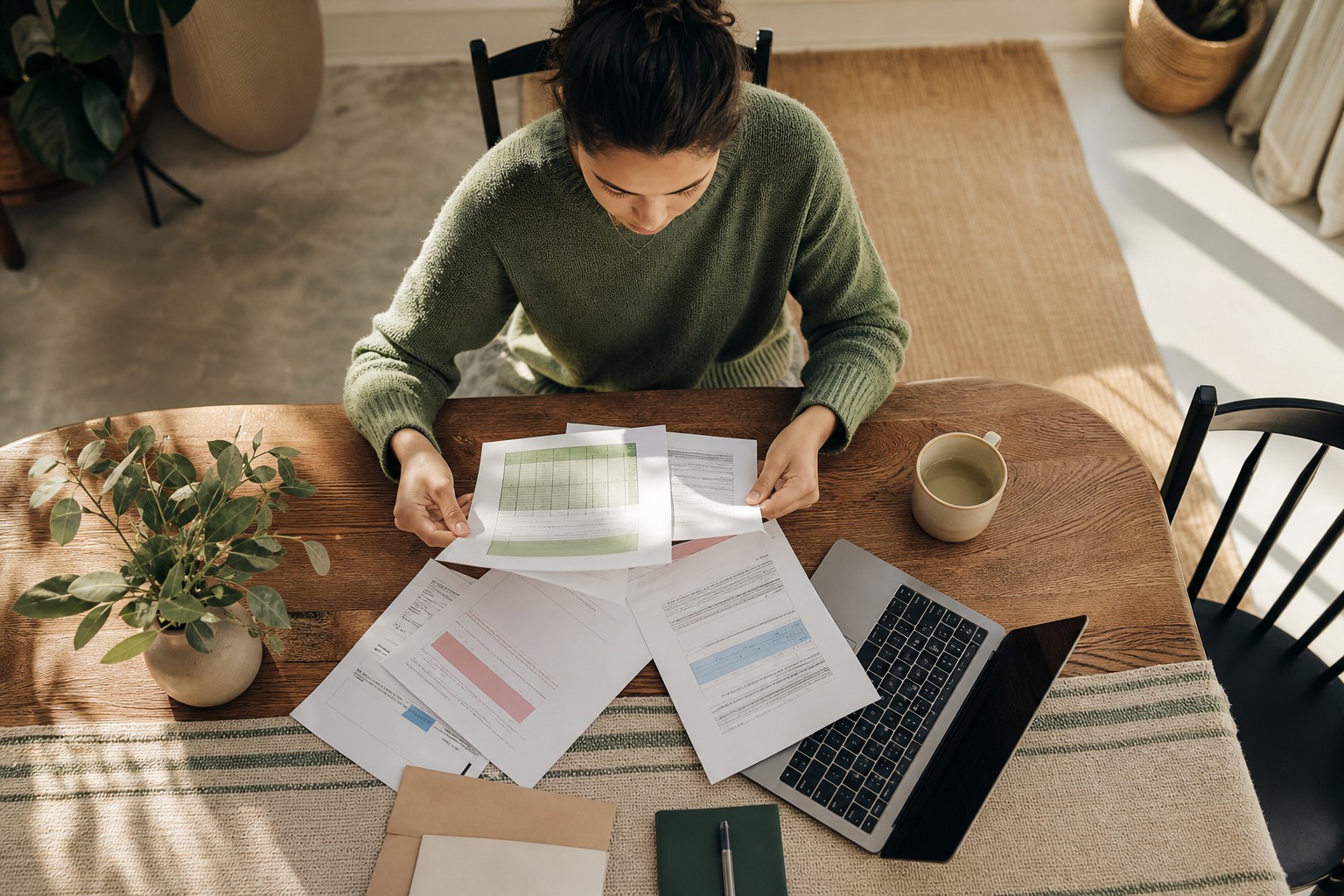 Student comparing several college financial aid offers at a dining table