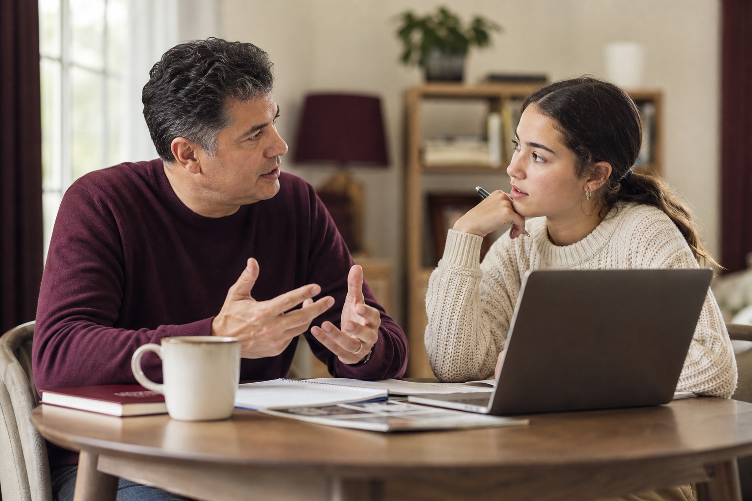 Parent and student having an equal college decision conversation