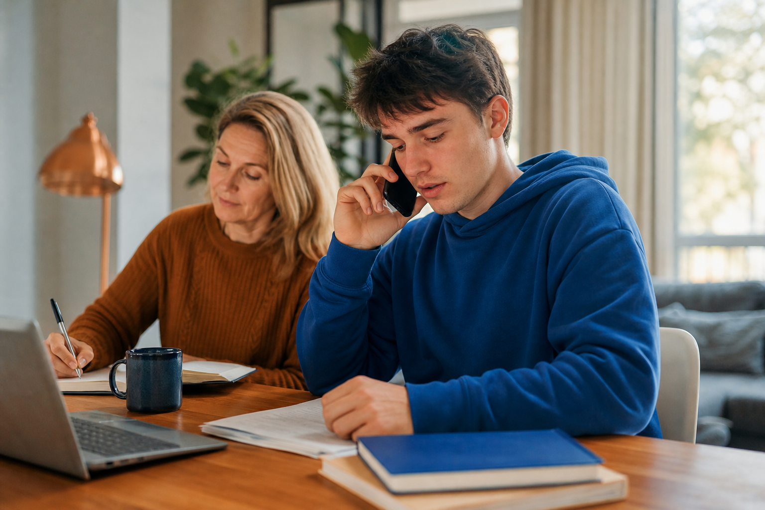 Student leading a call to a college office while a parent takes notes