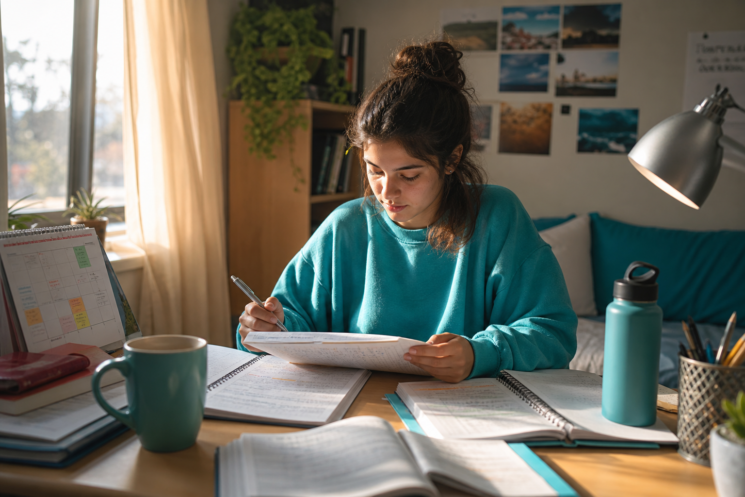 Returning college student reviewing notes and routines from the prior year