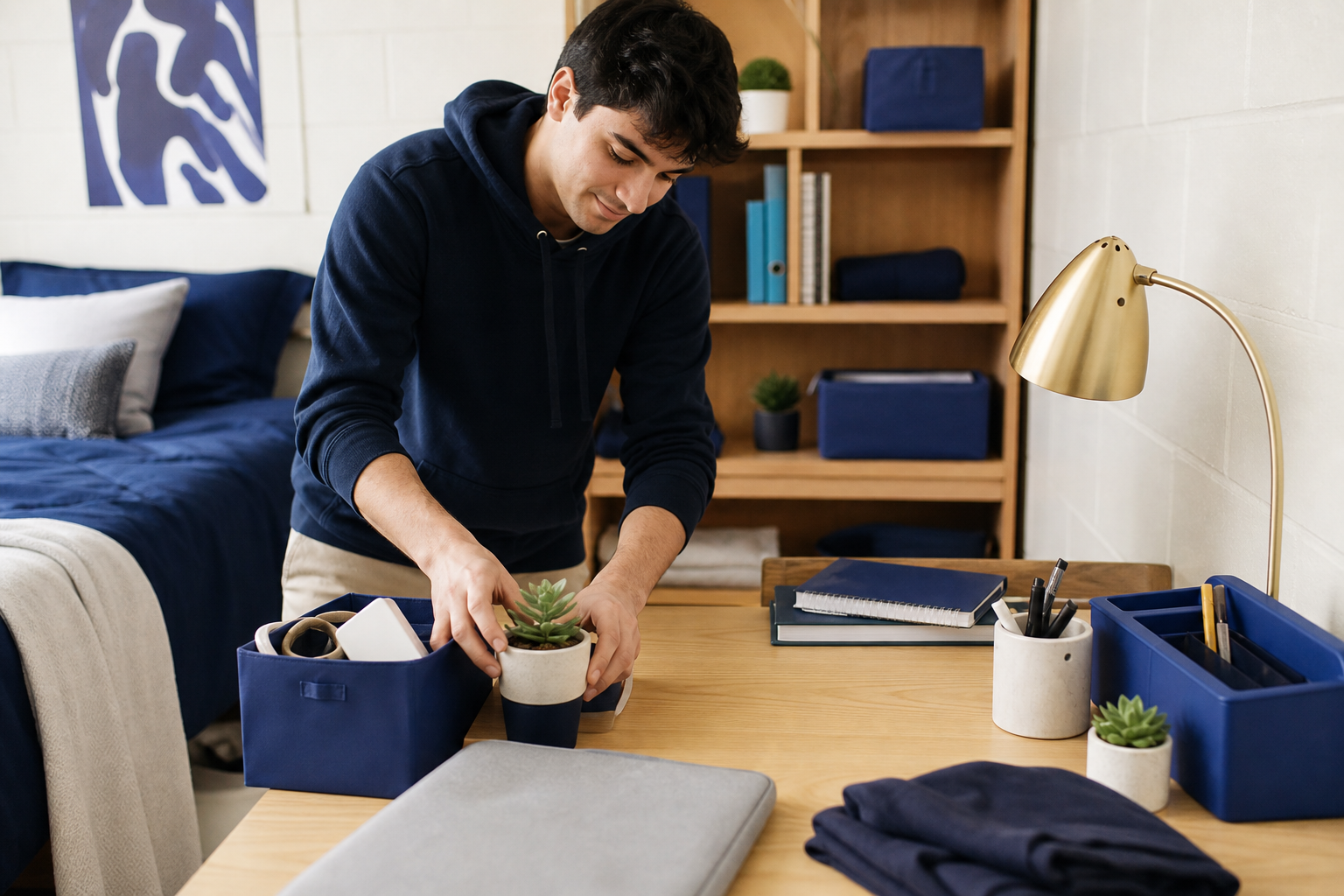 Student simplifying a study setup before the new academic year