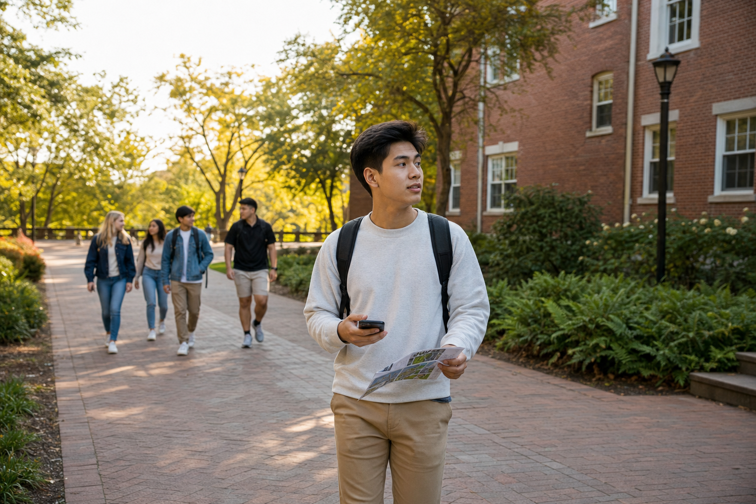 New student following an orientation route across campus