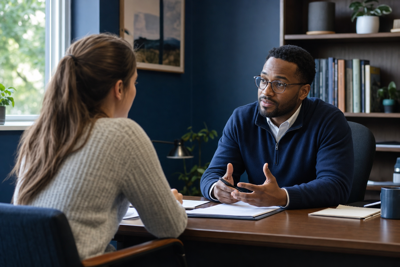 Returning college student meeting an adviser with a reinstatement plan
