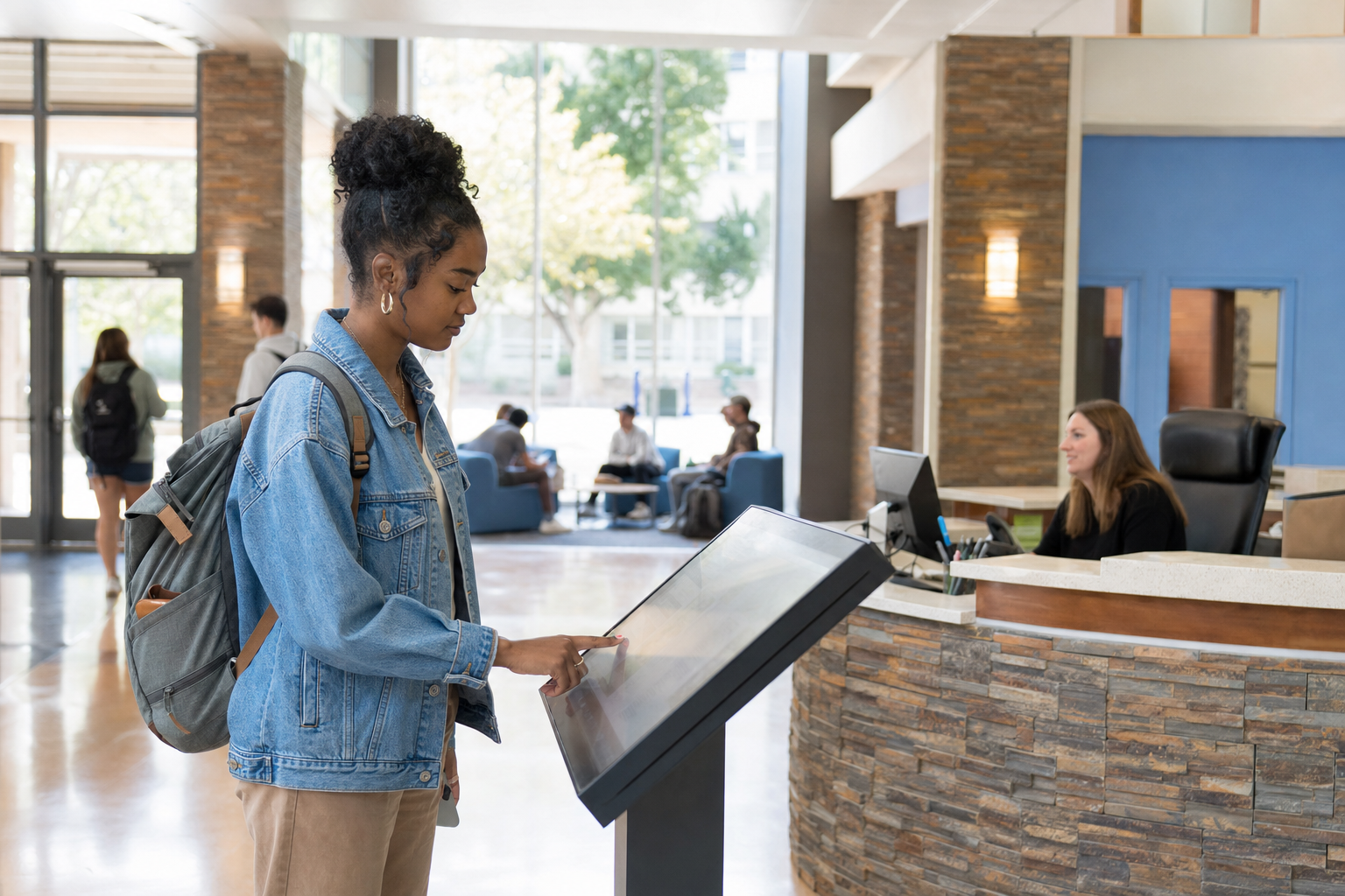 Student using a campus service directory beside an information desk