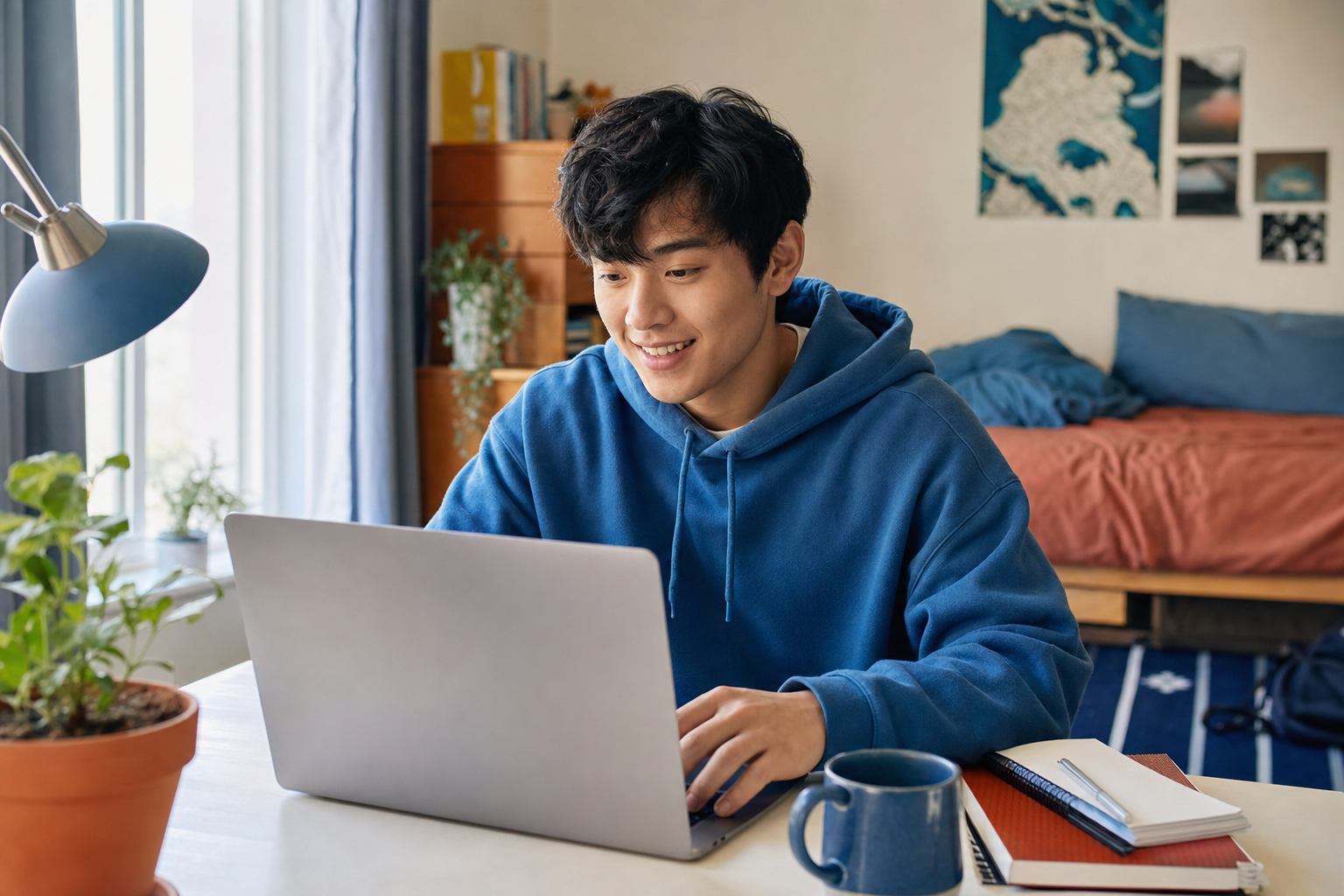New college student reviewing an enrollment confirmation on a laptop