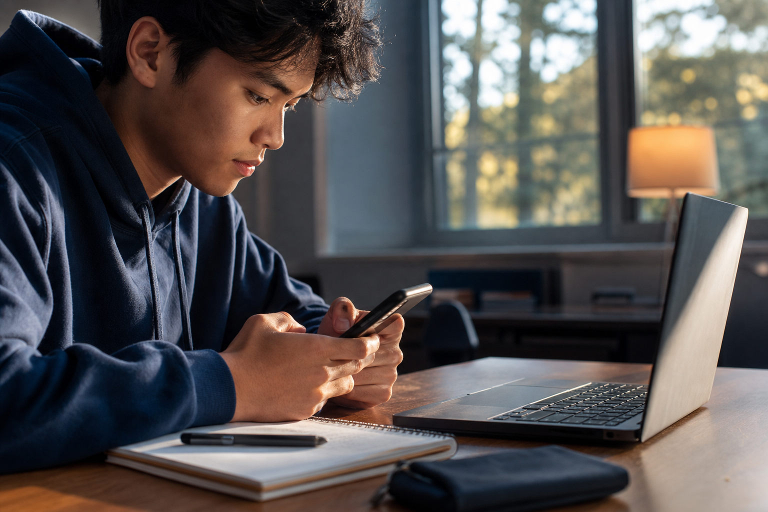 Student activating a college account with a notebook and phone nearby