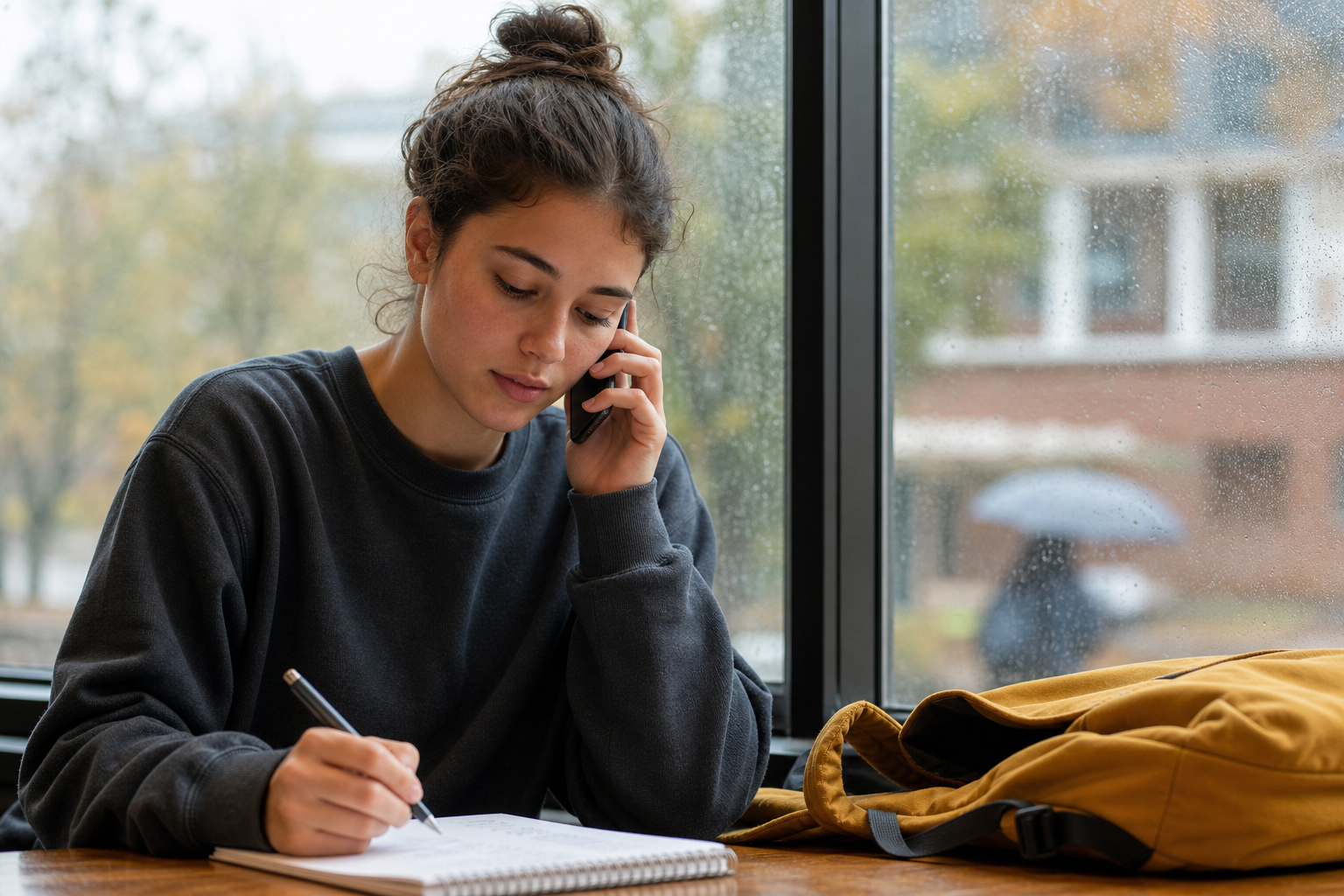 Student making a focused call to a college office with notes ready