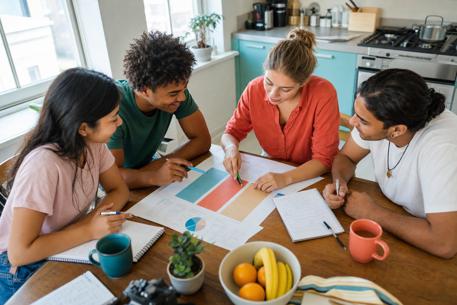 College friends comparing a spring break budget around a kitchen table