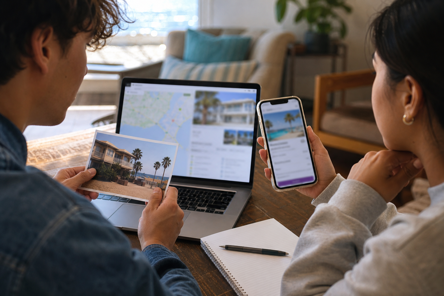 Students verifying a vacation rental address and booking terms on separate devices