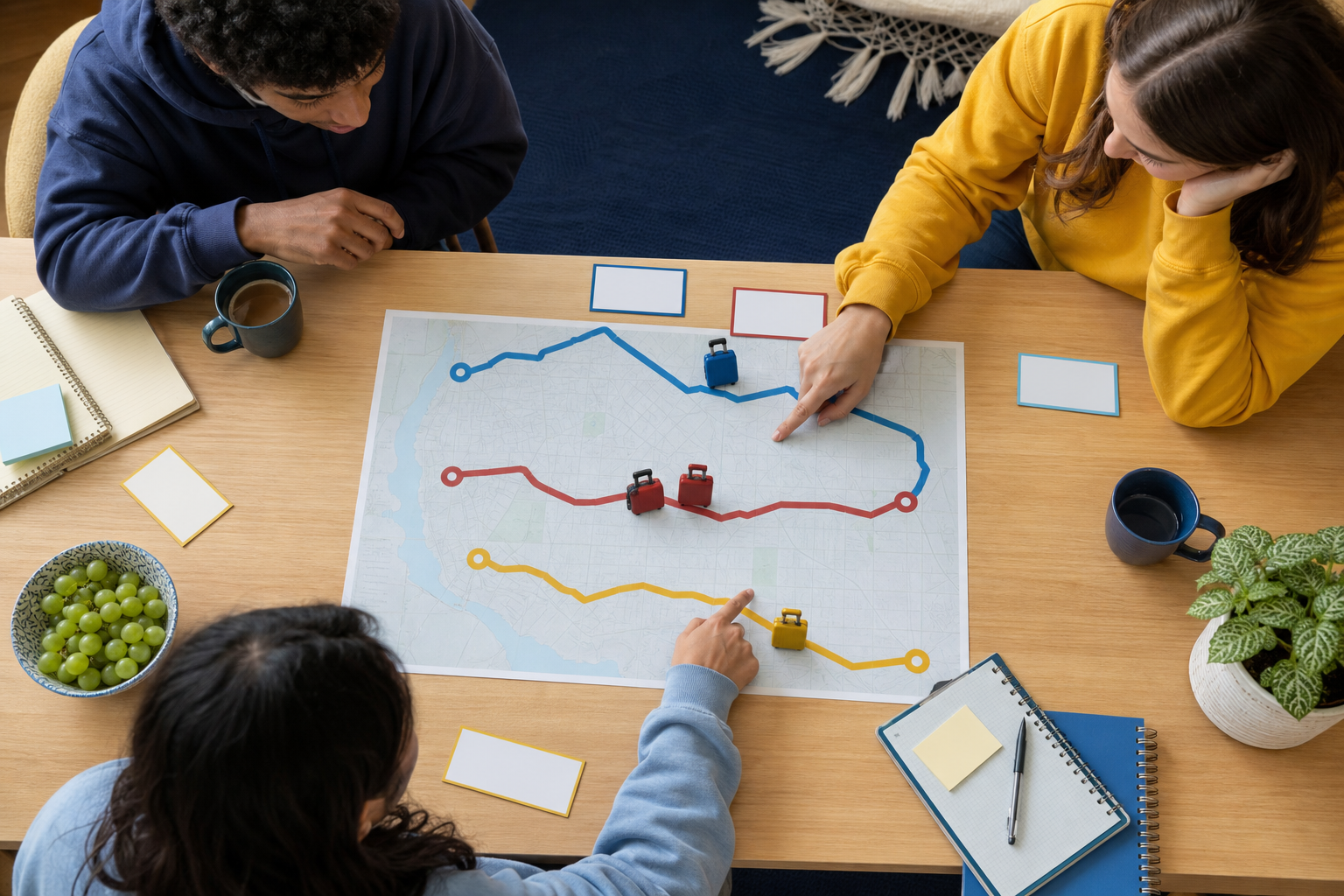 College student comparing bus, rail and flight routes from campus to home