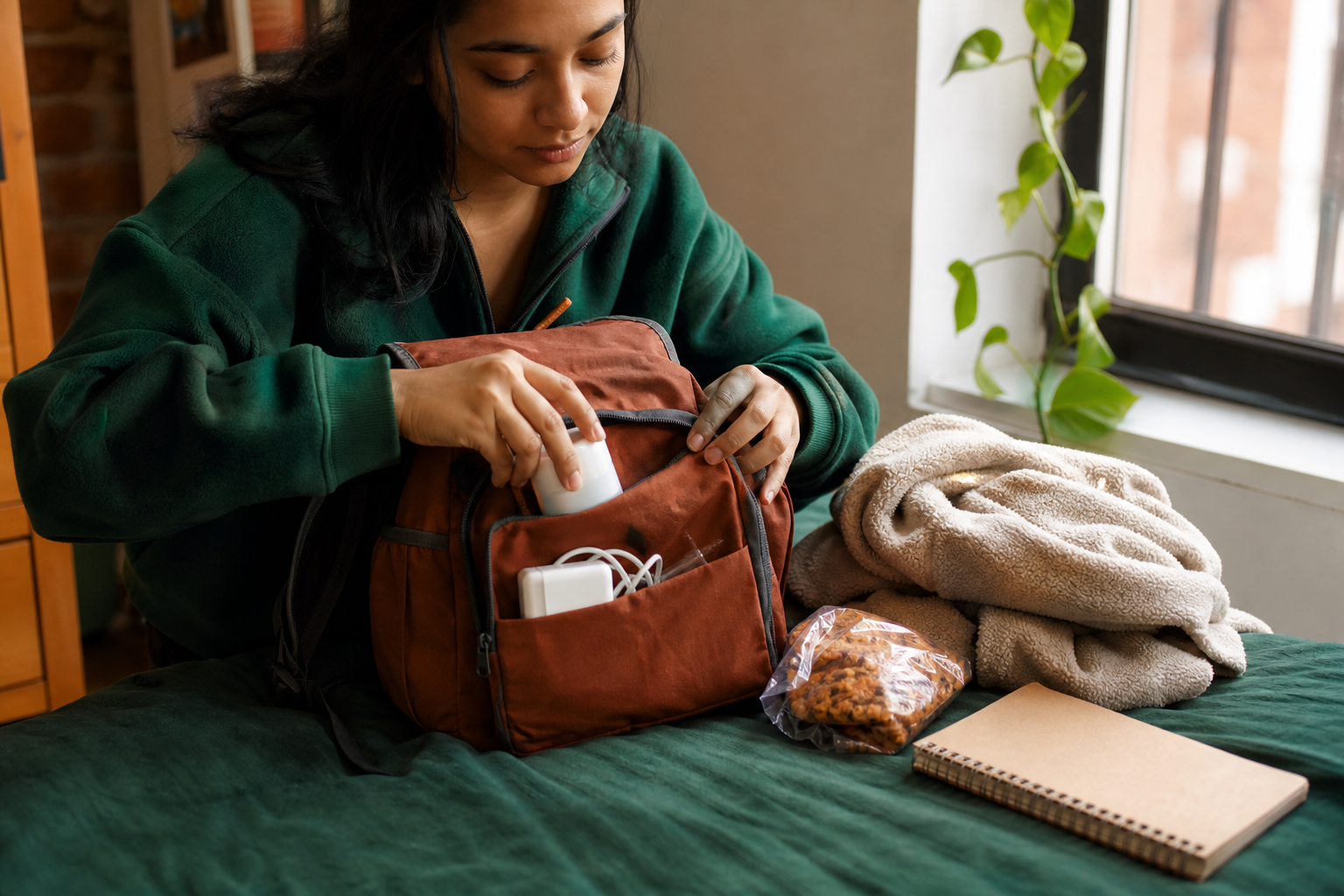 Student packing medication and one day of essentials into a small personal bag