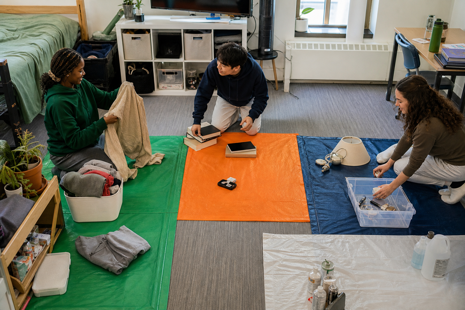 Students sorting dorm belongings into take, store, donate and special-disposal zones