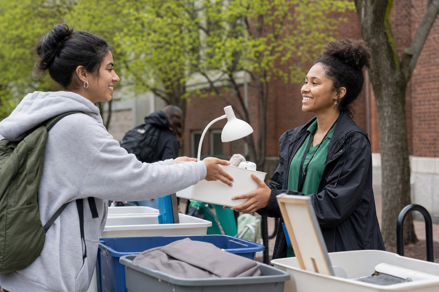 Student handing a clean lamp and storage bin to a campus reuse volunteer