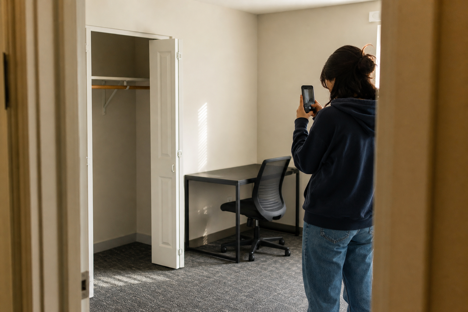 Student documenting a clean empty residence room before returning keys