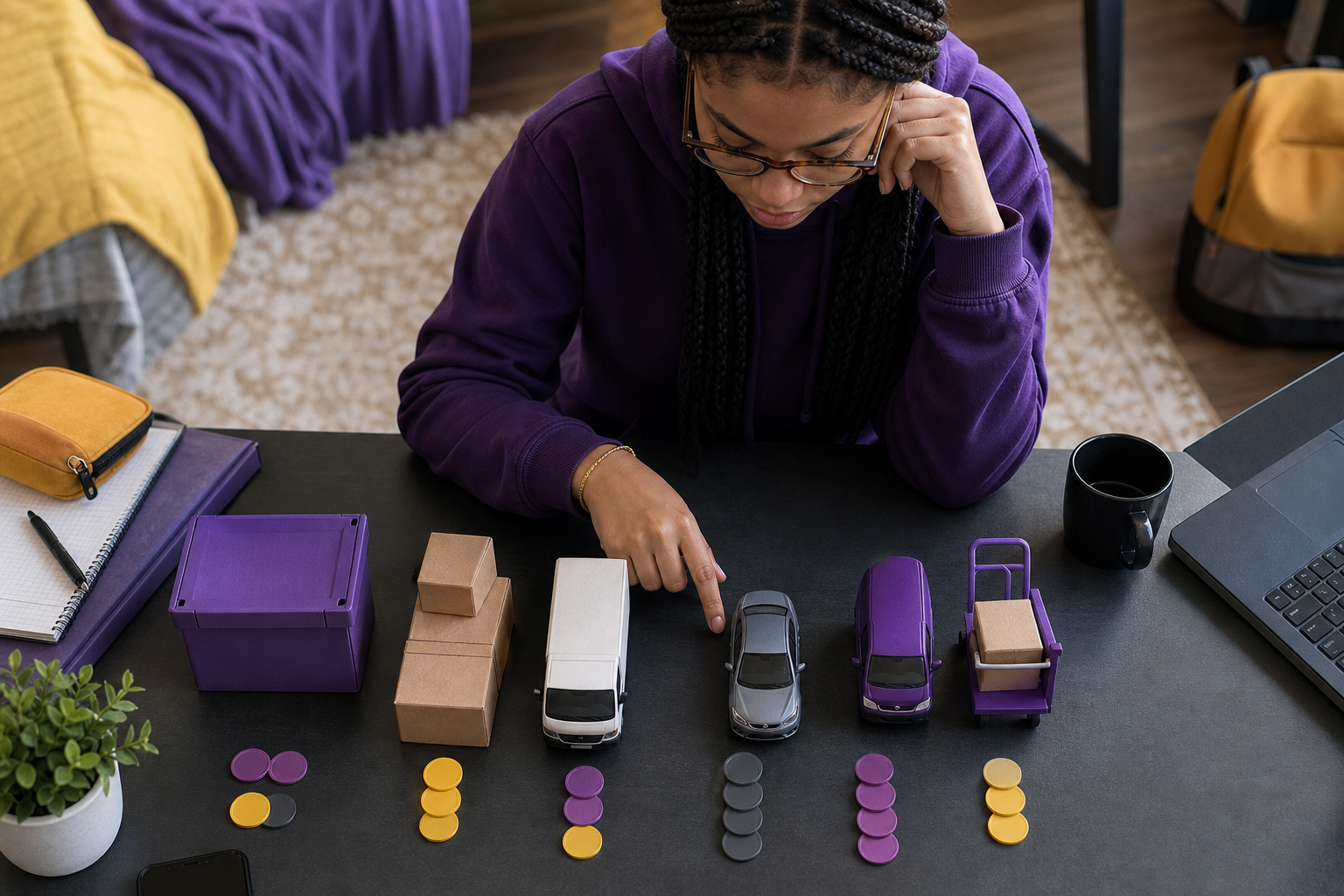 College student comparing storage, shipping and driving with boxes and blank cost cards