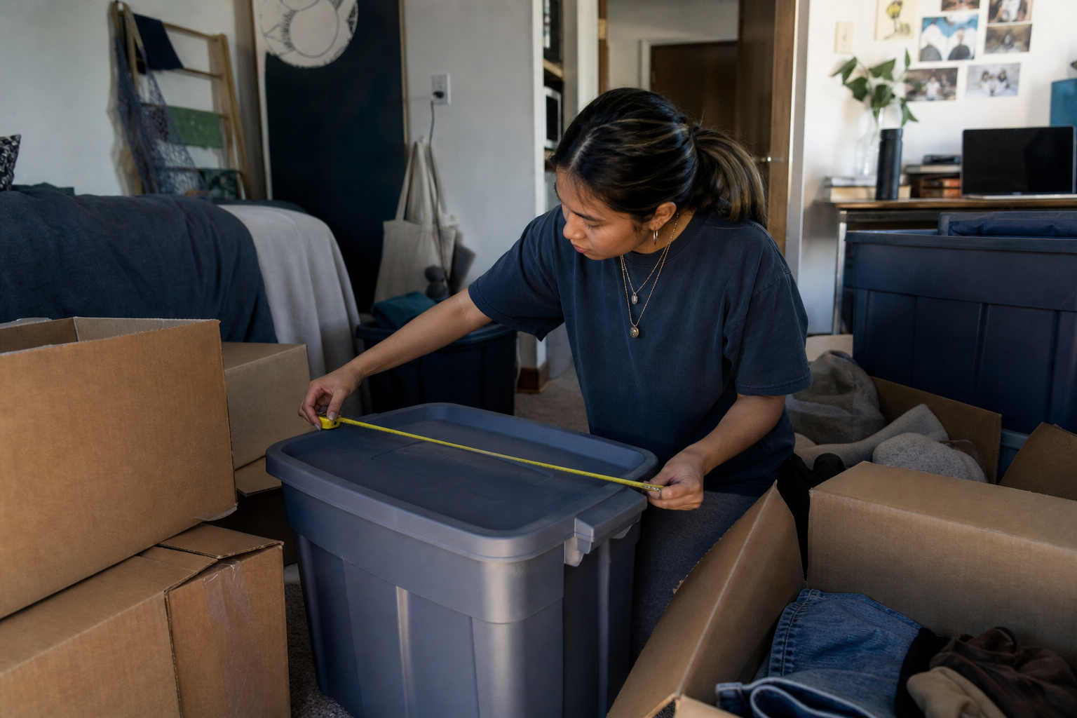Student measuring packed bins and boxes before booking a move
