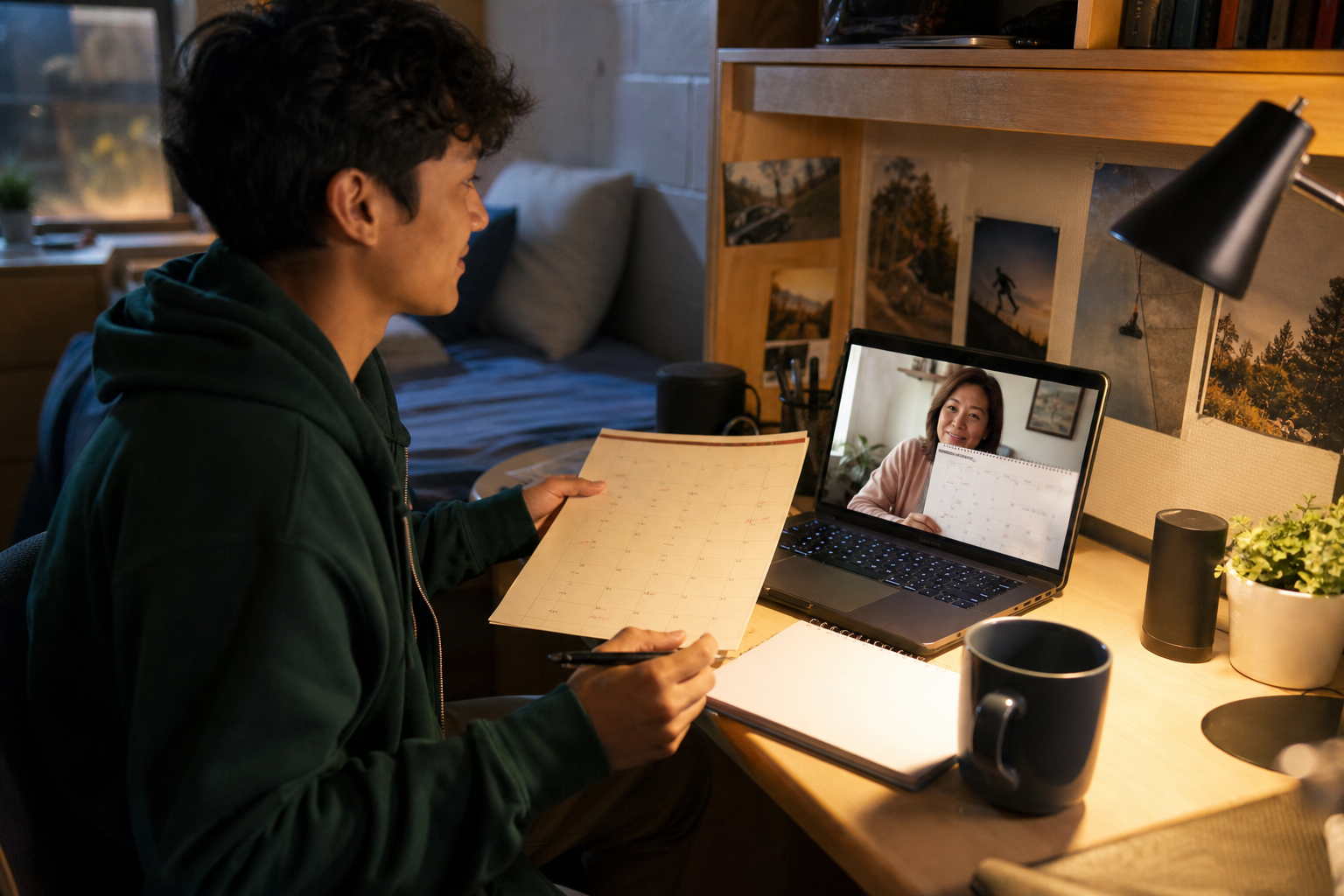 College student and family member comparing break calendars during a video call