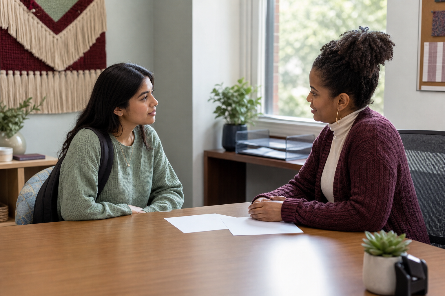 Student meeting a campus housing staff member about break accommodation options