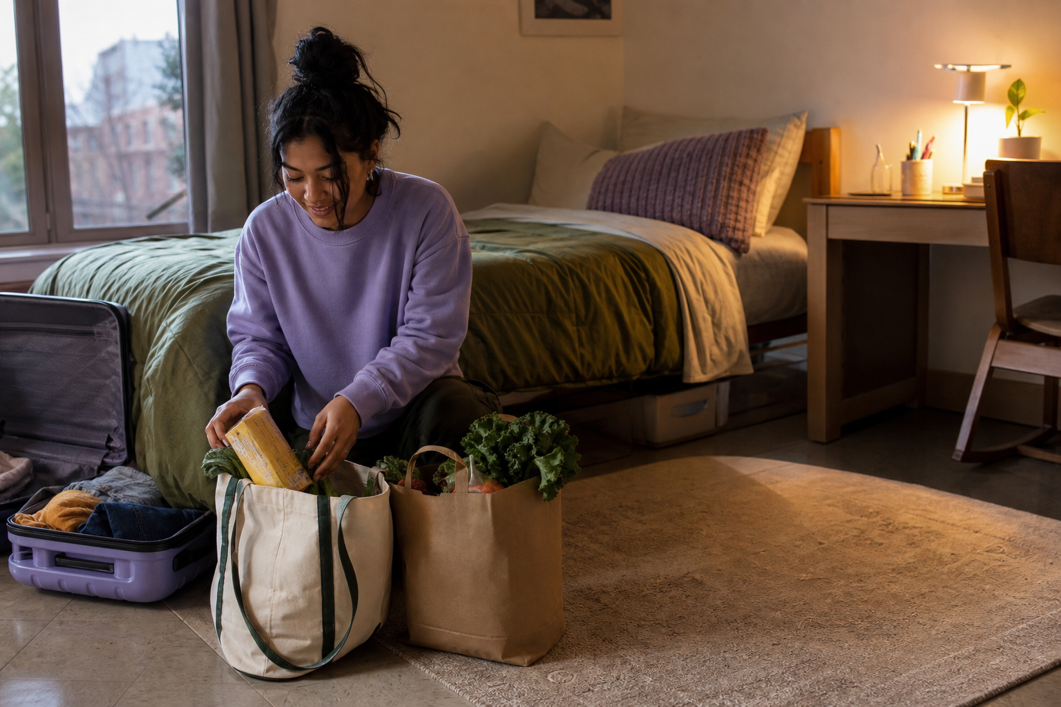 College student setting up a calm temporary break-housing room with one suitcase