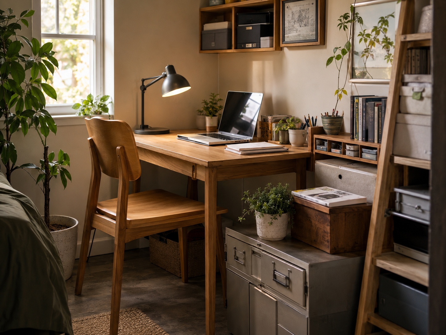 Compact dorm desk with warm task lighting and storage