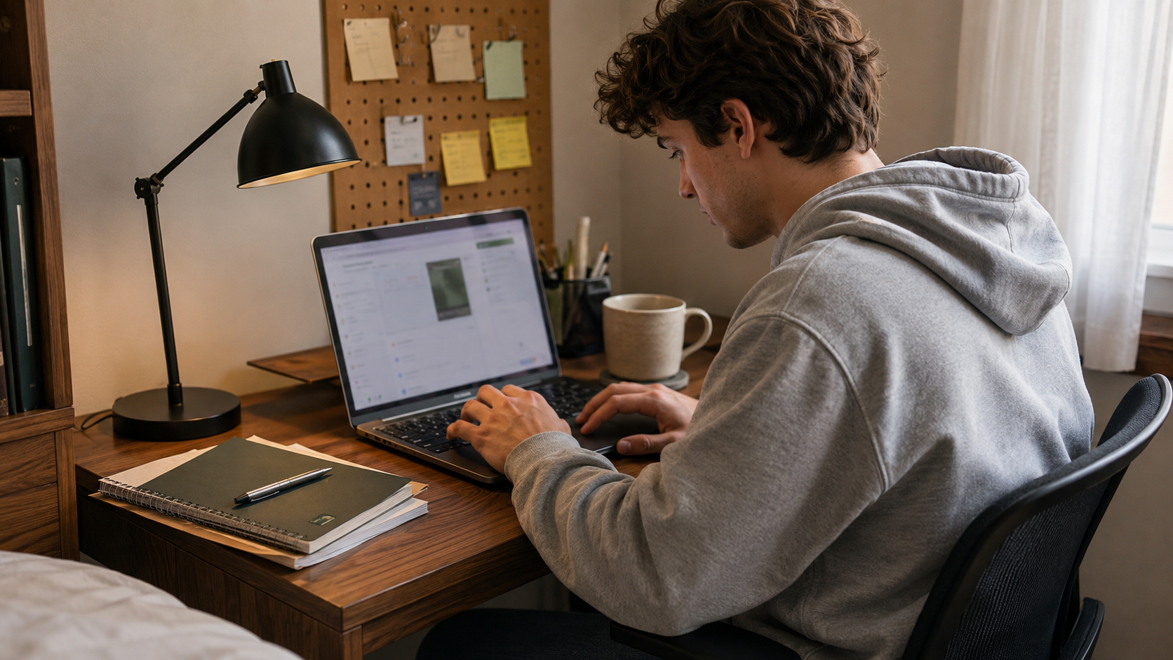 Student working with a laptop and notebook at a dorm desk