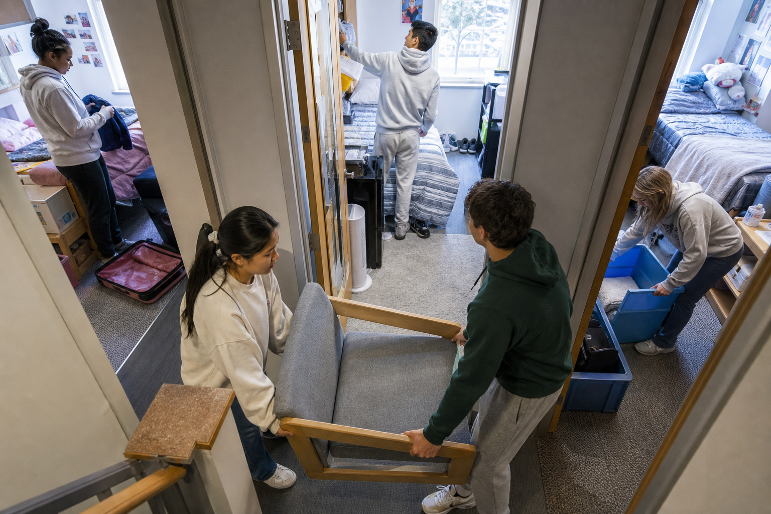 College student measuring a compact residence hall room before unpacking